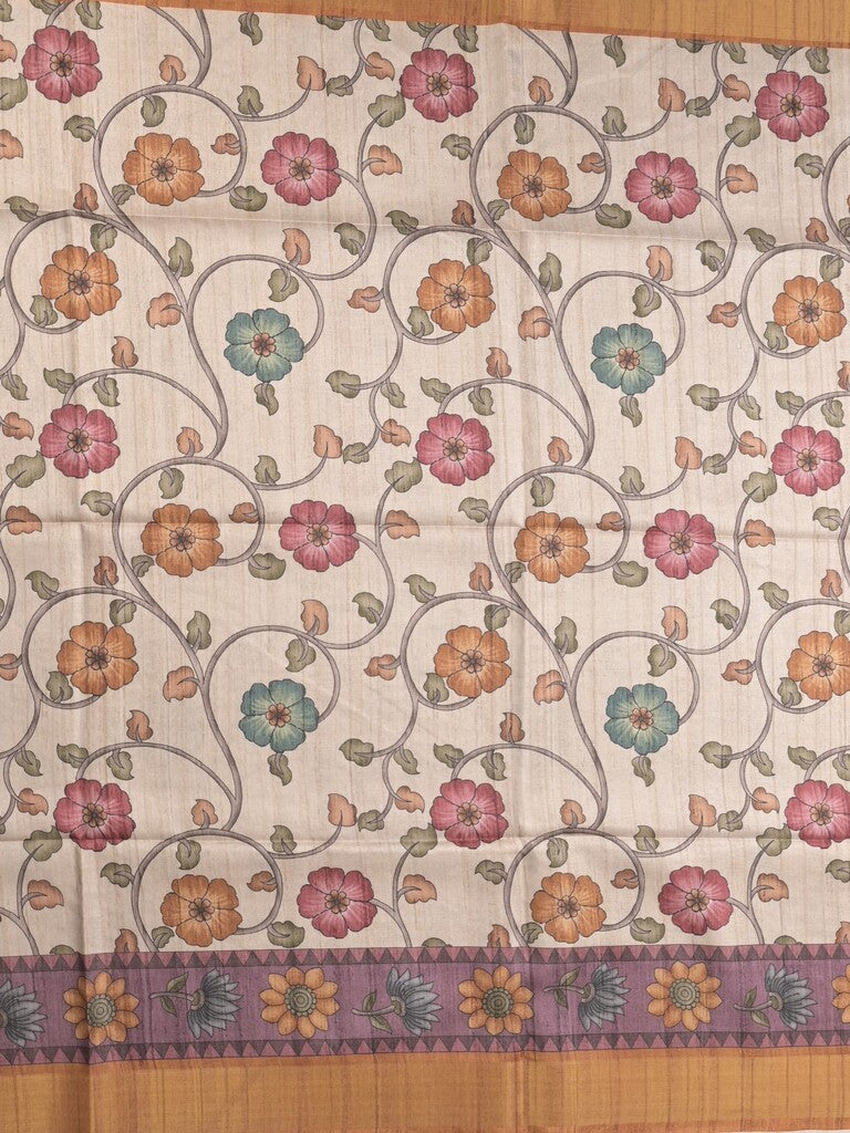 Tussar floral printed fancy saree with contrast pallu and matching blouse