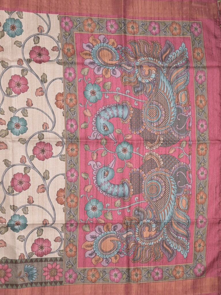 Tussar floral printed fancy saree with contrast pallu and matching blouse