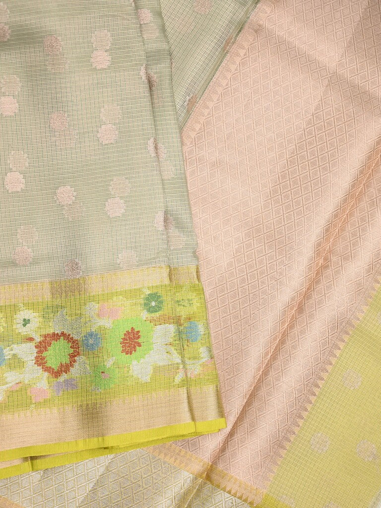 Silk kota fancy saree light grey color allover zari weaves & zari border with zari pallu and contrast blouse