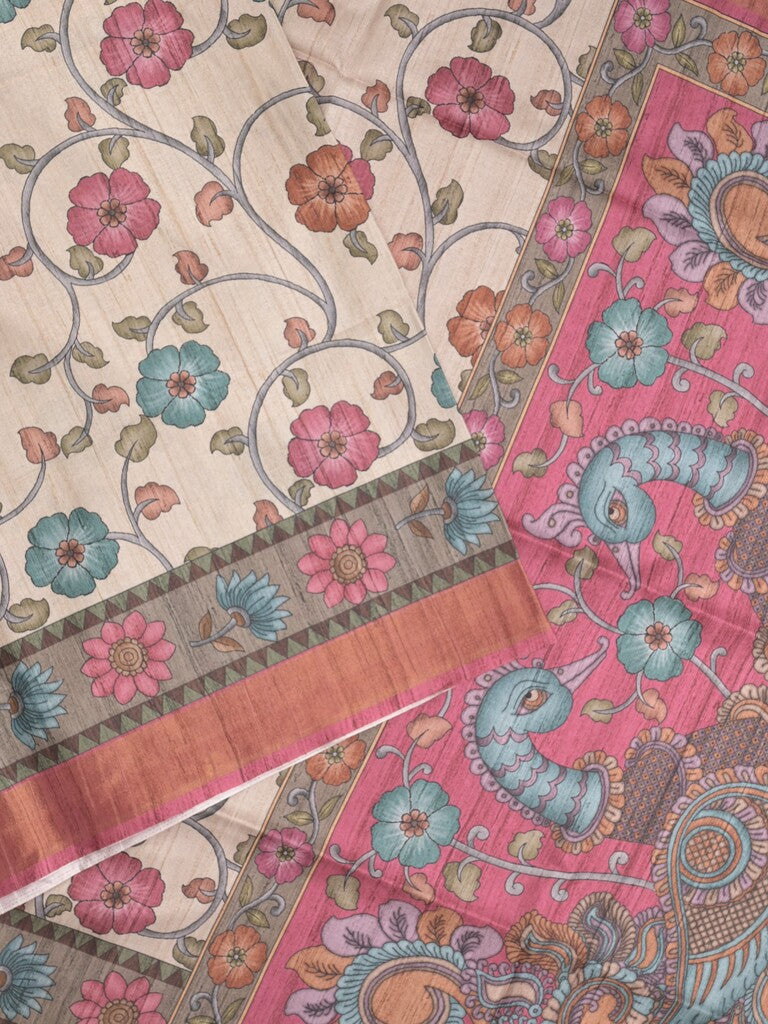 Tussar floral printed fancy saree with contrast pallu and matching blouse