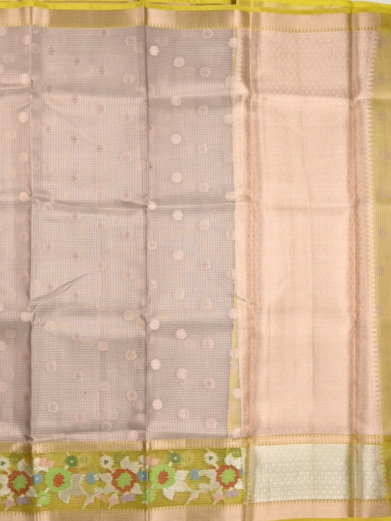 Silk kota fancy saree grey color allover zari weaves & zari border with zari pallu and contrast blouse