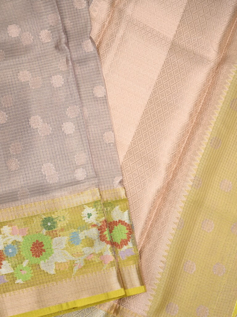 Silk kota fancy saree grey color allover zari weaves & zari border with zari pallu and contrast blouse