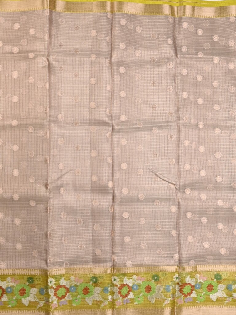 Silk kota fancy saree grey color allover zari weaves & zari border with zari pallu and contrast blouse