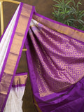 Gadwal pattu saree white color allover zari weaves & kanchi border with rich pallu and contrast plain blouse