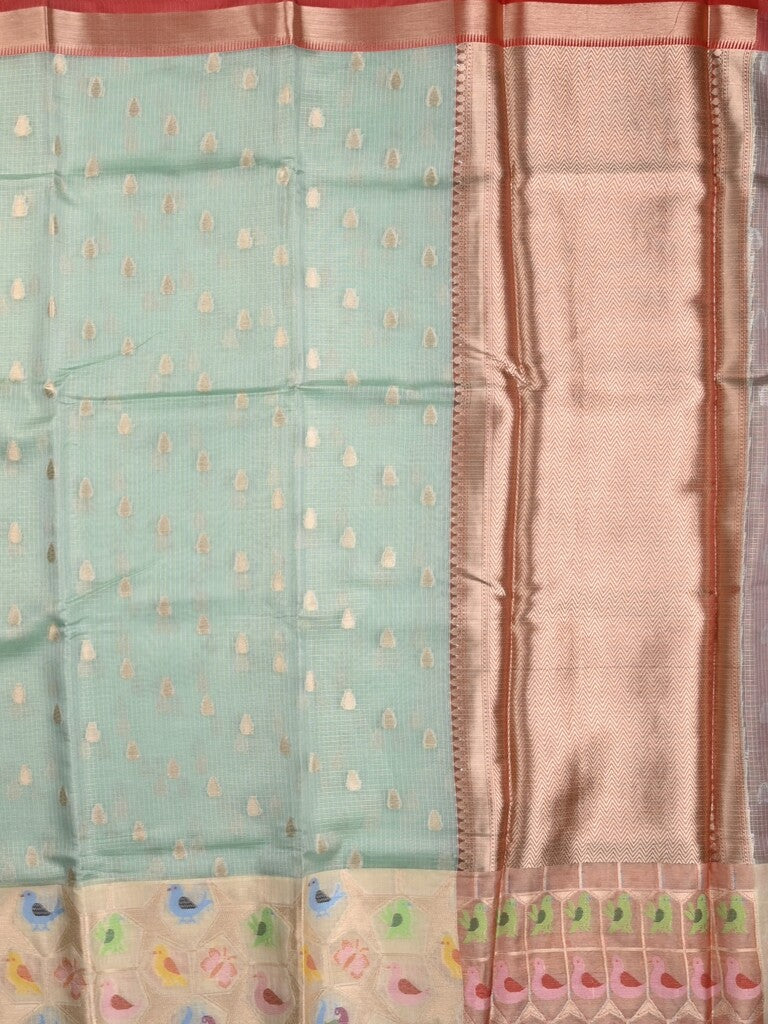 Silk kota fancy saree pastel blue color allover zari weaves & zari border with zari pallu and contrast blouse
