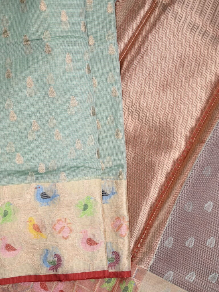 Silk kota fancy saree pastel blue color allover zari weaves & zari border with zari pallu and contrast blouse