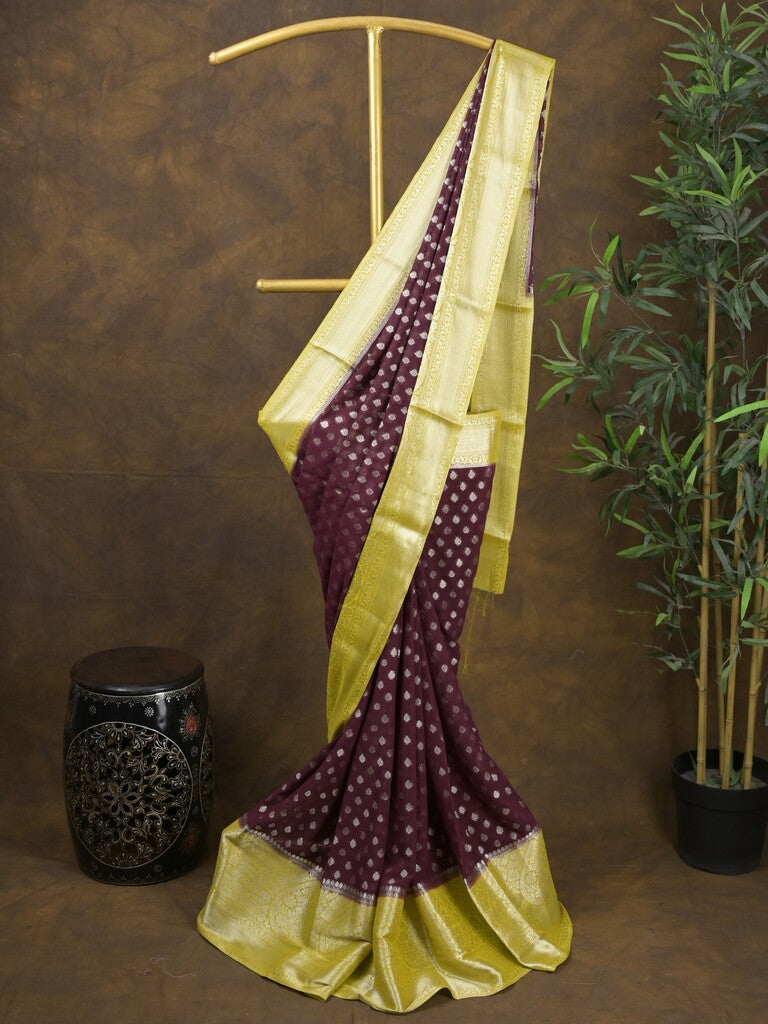 Georgette fancy saree dark wine color allover zari motifs & zari border with rich pallu and attached plain blouse