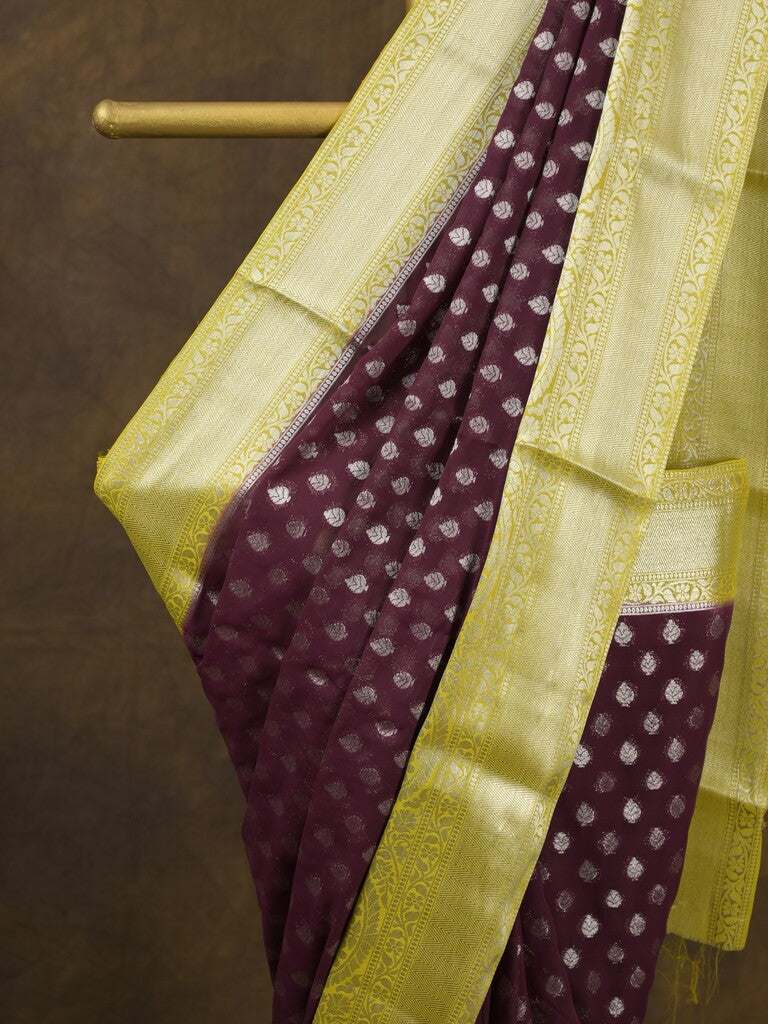 Georgette fancy saree dark wine color allover zari motifs & zari border with rich pallu and attached plain blouse