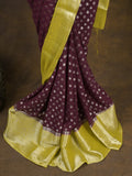 Georgette fancy saree dark wine color allover zari motifs & zari border with rich pallu and attached plain blouse