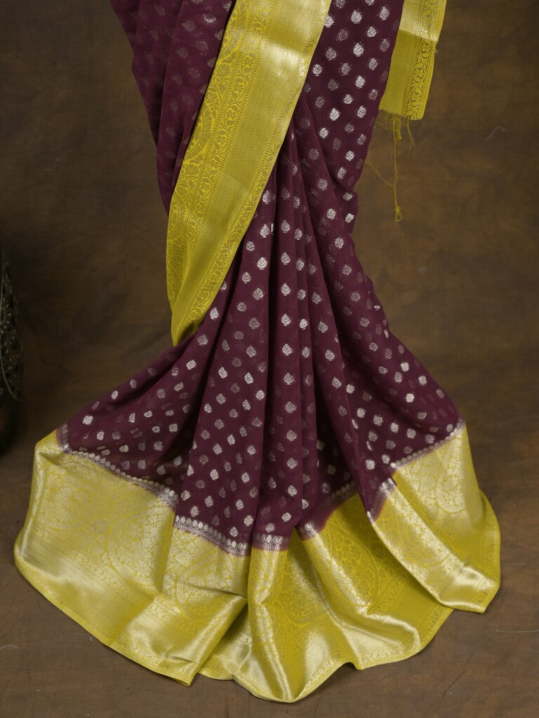Georgette fancy saree dark wine color allover zari motifs & zari border with rich pallu and attached plain blouse