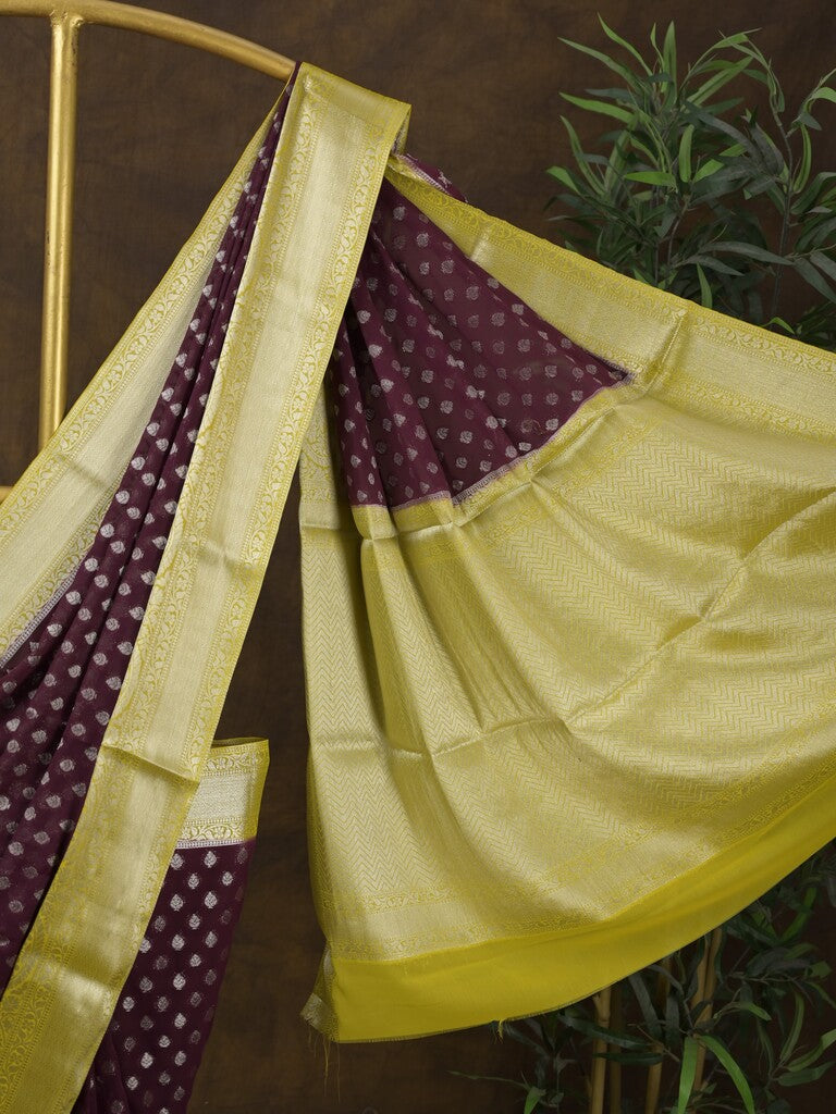 Georgette fancy saree dark wine color allover zari motifs & zari border with rich pallu and attached plain blouse