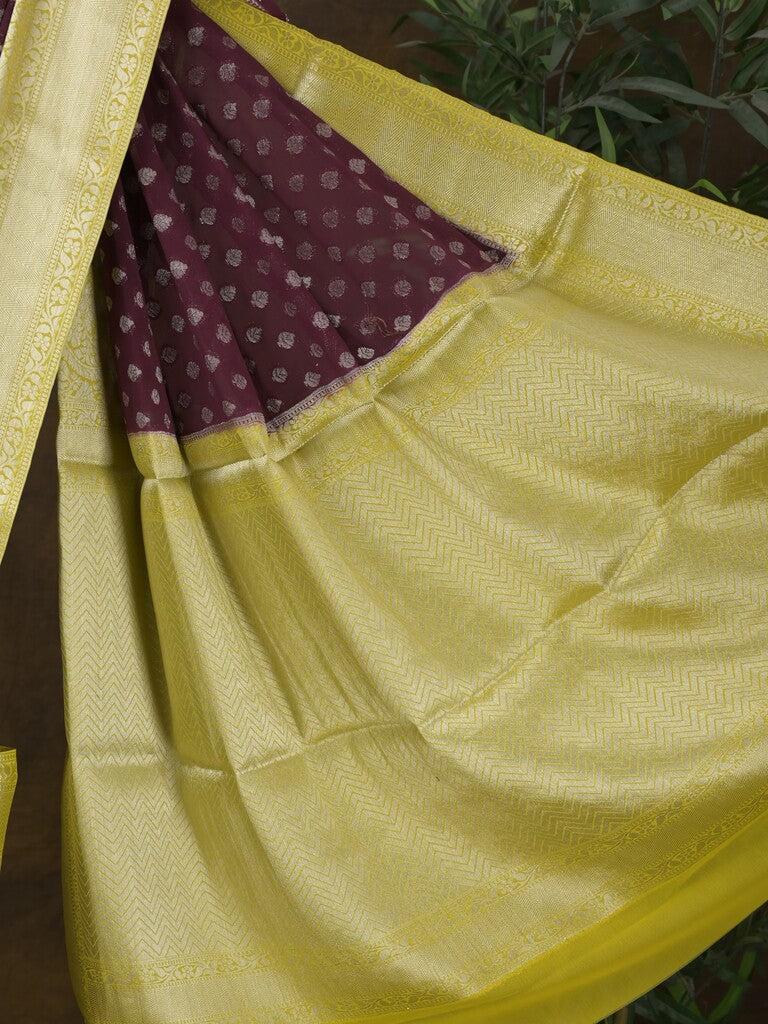 Georgette fancy saree dark wine color allover zari motifs & zari border with rich pallu and attached plain blouse