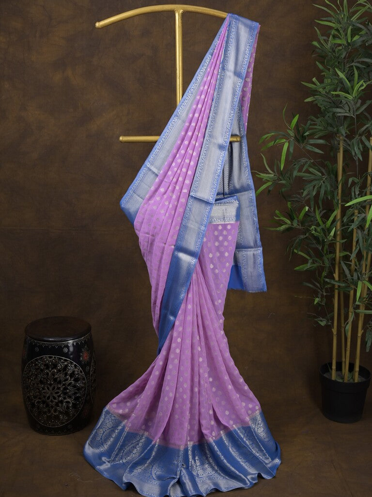Georgette fancy saree light purple color allover zari motifs & zari border with rich pallu and attached plain blouse