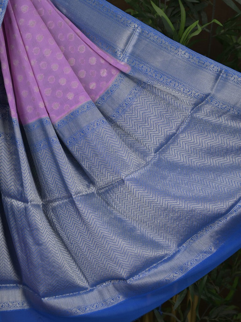 Georgette fancy saree light purple color allover zari motifs & zari border with rich pallu and attached plain blouse