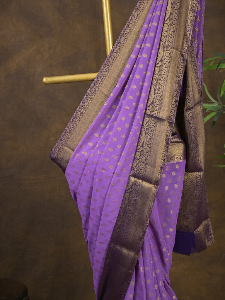Georgette fancy saree lavender color allover zari motifs & zari border with rich pallu and attached plain blouse