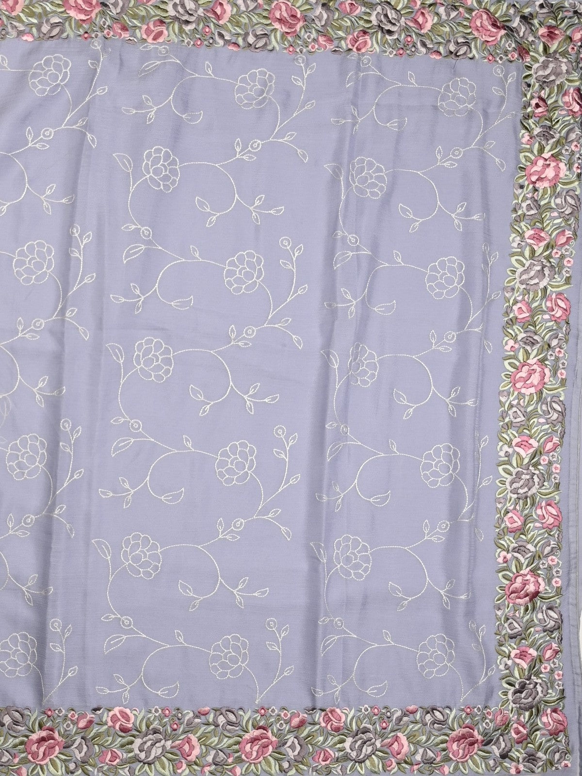 Chiffon fancy saree lavender color allover embroidery & embroidery border with running pallu and plain blouse