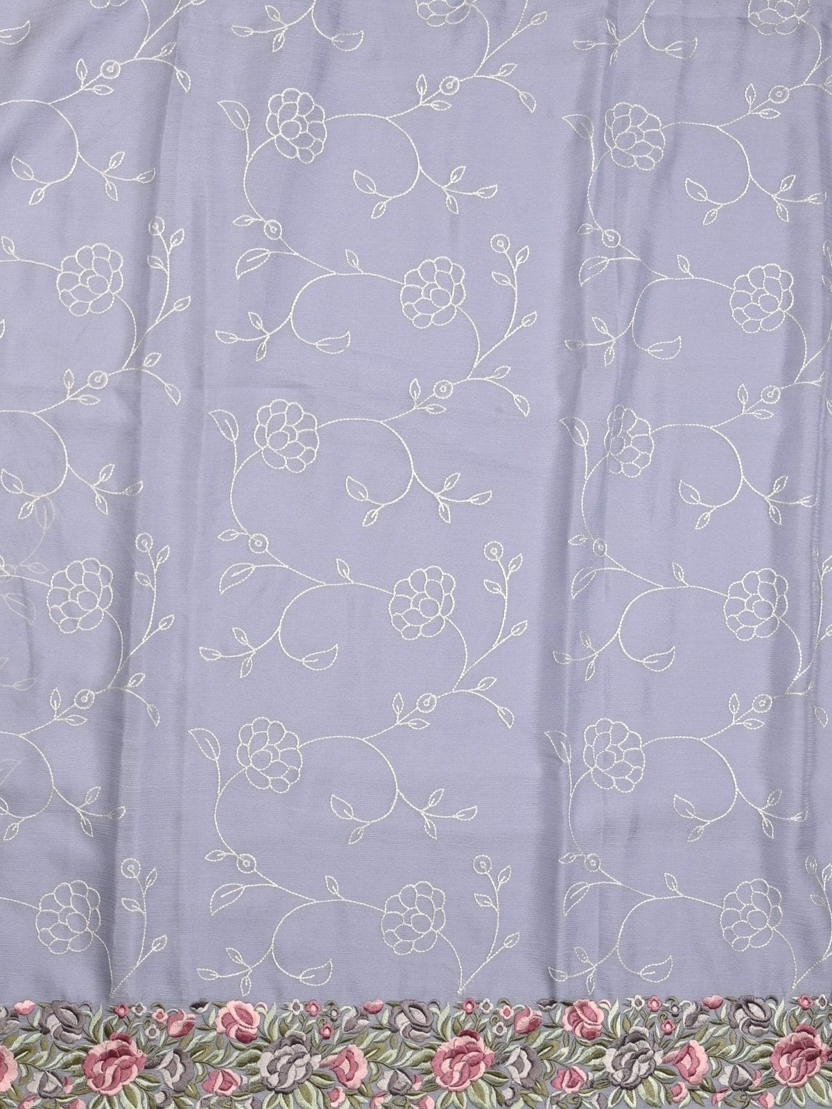 Chiffon fancy saree lavender color allover embroidery & embroidery border with running pallu and plain blouse