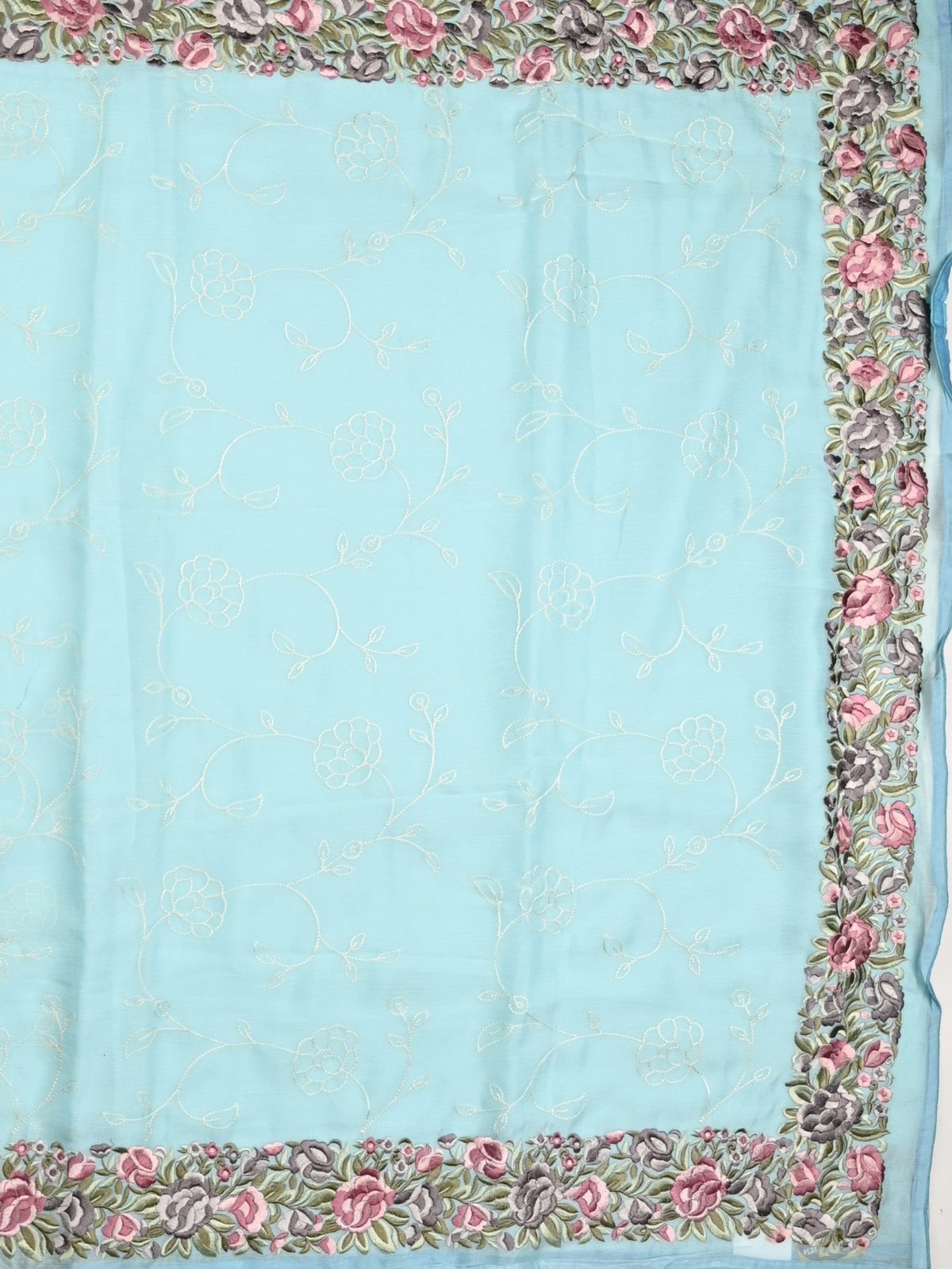Chiffon fancy saree light blue color allover embroidery & embroidery border with running pallu and plain blouse