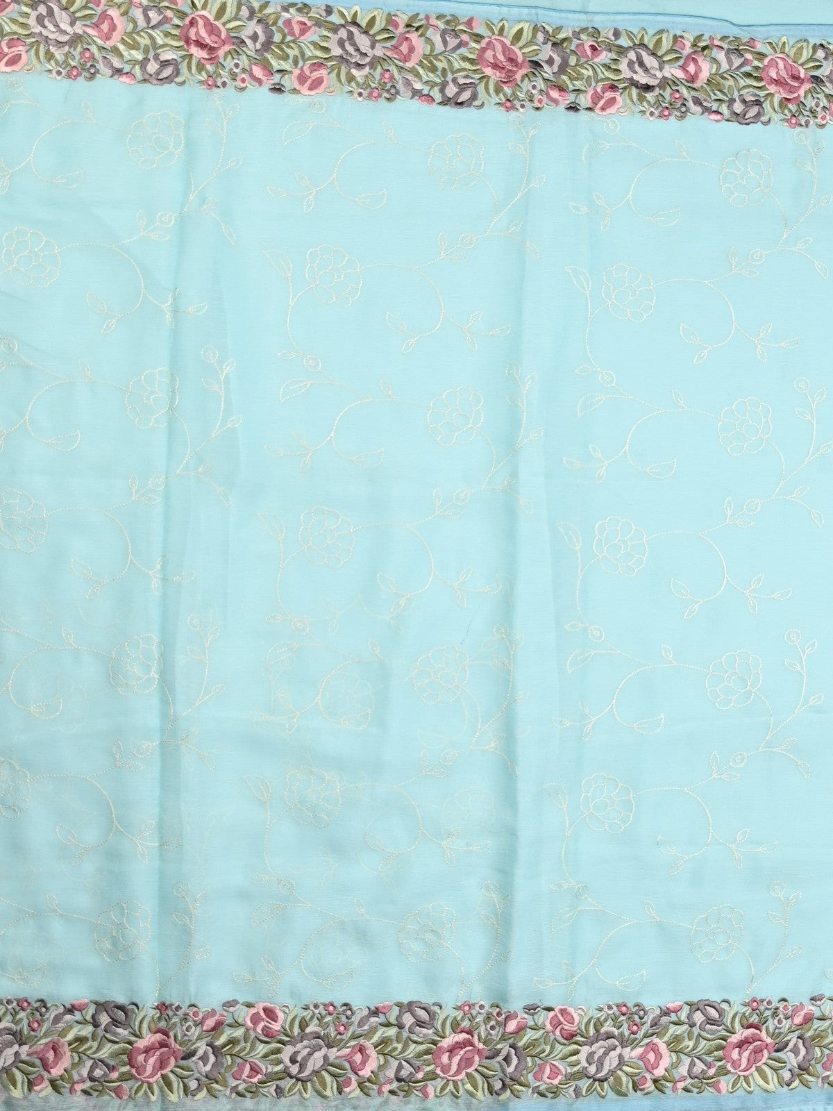Chiffon fancy saree light blue color allover embroidery & embroidery border with running pallu and plain blouse