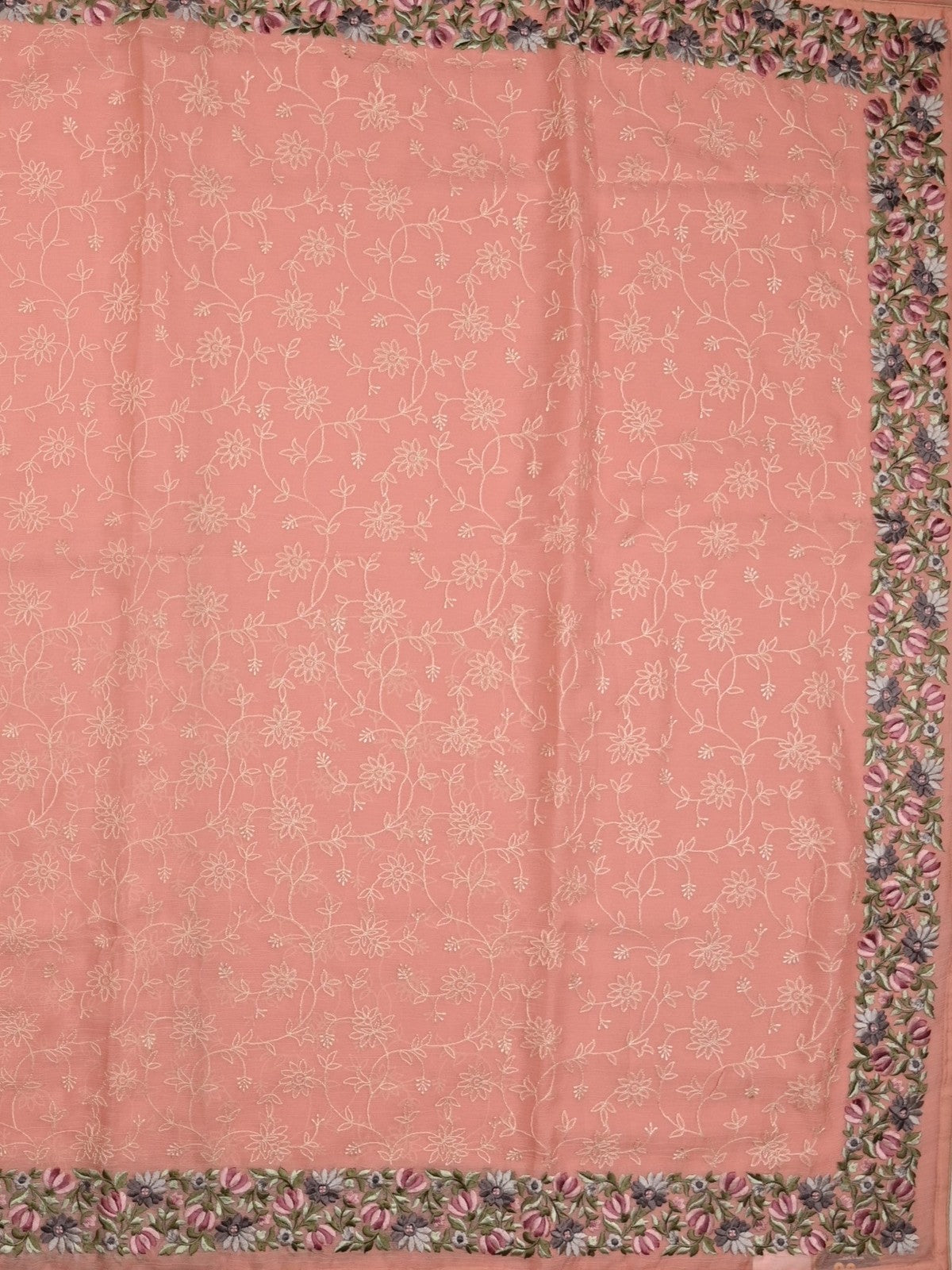 Chiffon fancy saree light pink color allover embroidery & embroidery border with running pallu and plain blouse
