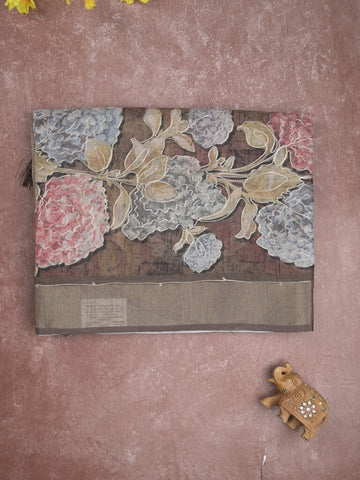 Lenin tissue fancy saree light snuff color allover plain & printed, embroidered border with printed pallu and plain self blouse