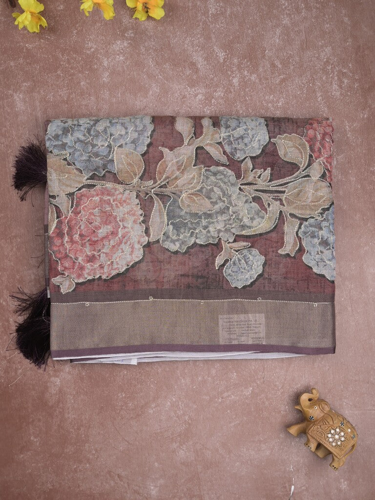 Lenin tissue fancy saree brownish pink color allover plain & printed, embroidered border with printed pallu and plain self blouse