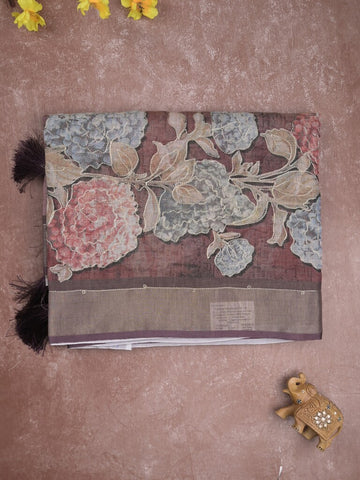 Lenin tissue fancy saree brownish pink color allover plain & printed, embroidered border with printed pallu and plain self blouse