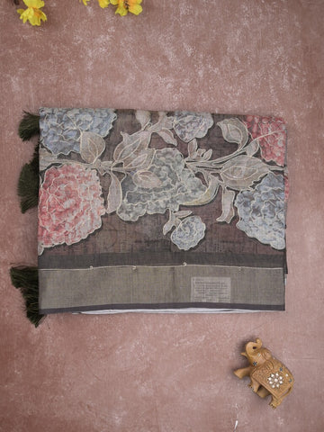 Lenin tissue fancy saree light grey color allover plain & printed, embroidered border with printed pallu and plain self blouse