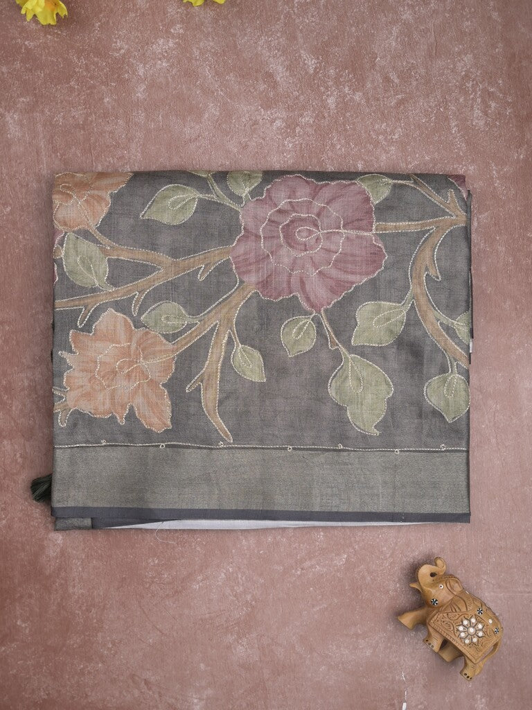 Lenin tissue fancy saree light grey color allover plain & printed, embroidered border with printed pallu and plain self blouse