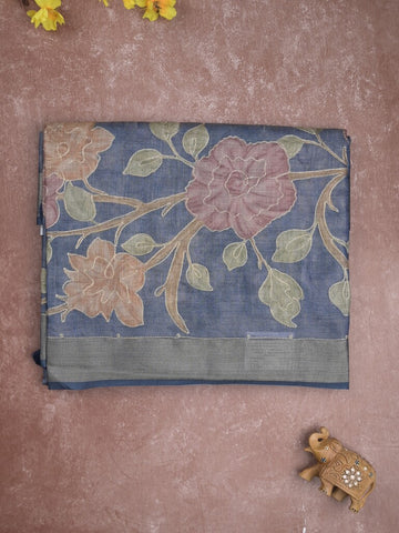 Lenin tissue fancy saree blue color allover plain & printed, embroidered border with printed pallu and plain self blouse