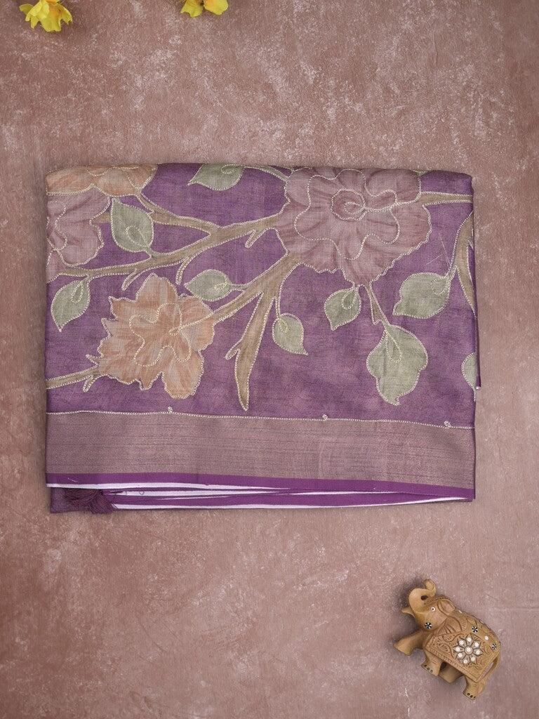 Lenin tissue fancy saree purple color allover plain & printed, embroidery work & kaddi border with printed pallu and plain self blouse