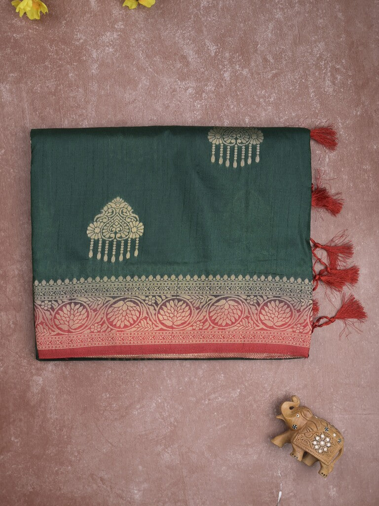 Raw mango fancy saree dark green color allover zari weaves & zari border with rich pallu and contrast plain blouse