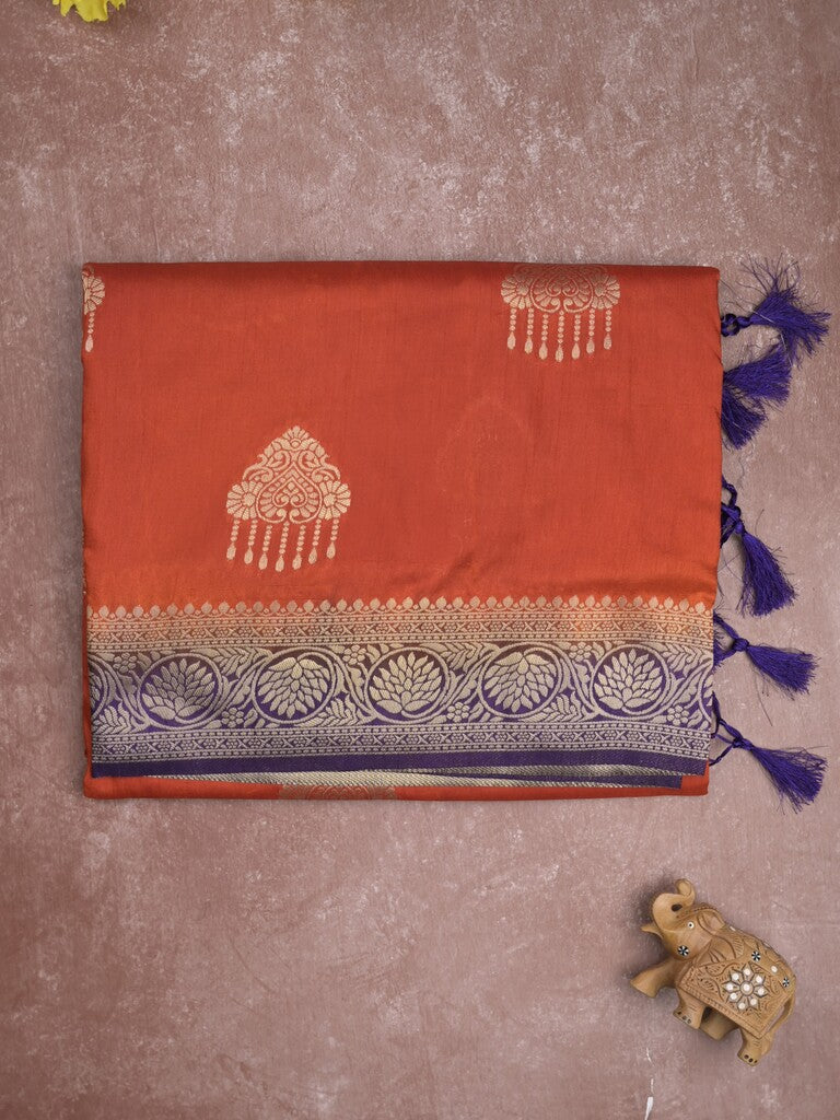 Raw mango fancy saree orange color allover zari weaves & zari border with rich pallu and contrast plain blouse