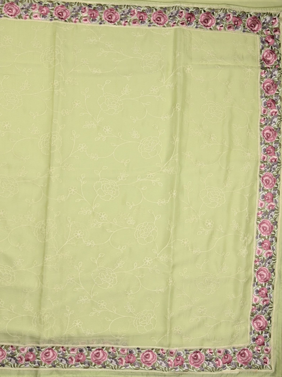 Chiffon fancy saree light green color allover embroidery & embroidery border with running pallu and plain blouse