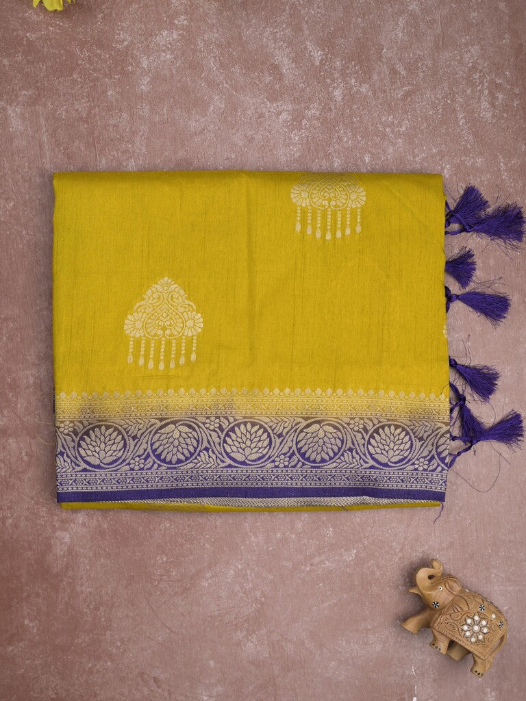 Raw mango fancy saree yellow color allover zari weaves & zari border with rich pallu and contrast plain blouse