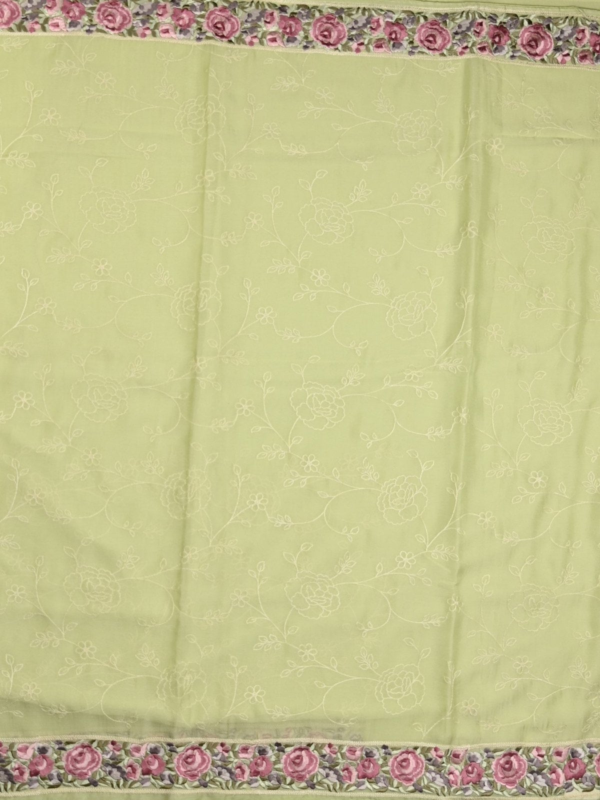 Chiffon fancy saree light green color allover embroidery & embroidery border with running pallu and plain blouse