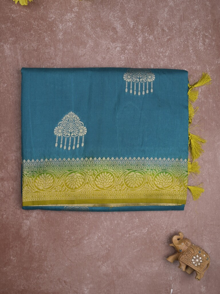 Raw mango fancy saree sky blue color allover zari weaves & zari border with rich pallu and contrast plain blouse