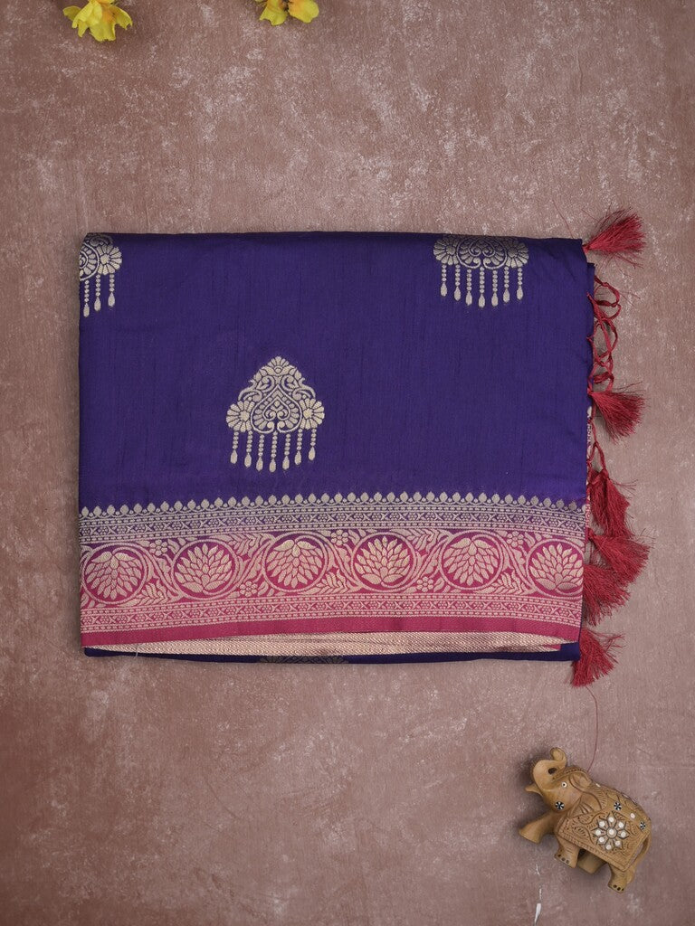 Raw mango fancy saree royal blue color allover zari weaves & zari border with rich pallu and contrast plain blouse