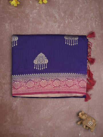 Raw mango fancy saree royal blue color allover zari weaves & zari border with rich pallu and contrast plain blouse