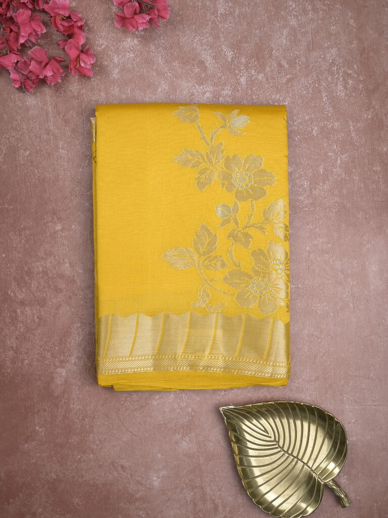 Raw mango fancy saree yellow color allover zari weaves & zari border with brocade pallu and brocade blouse