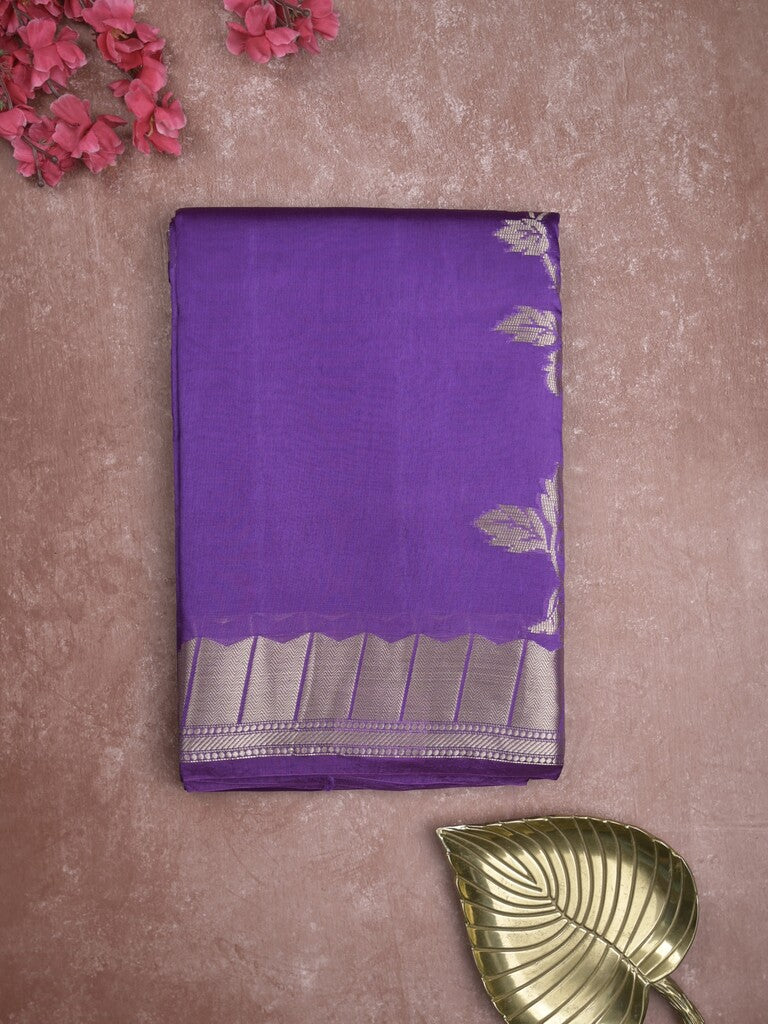 Raw mango fancy saree violet color allover zari weaves & zari border with brocade pallu and brocade blouse