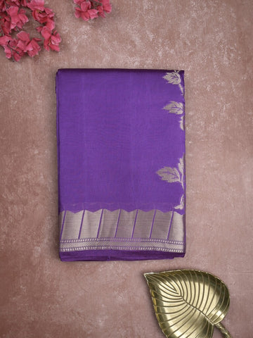 Raw mango fancy saree violet color allover zari weaves & zari border with brocade pallu and brocade blouse