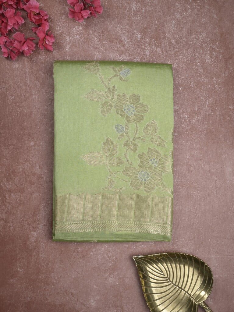 Raw mango fancy saree pista green color allover zari weaves & zari border with brocade pallu and brocade blouse