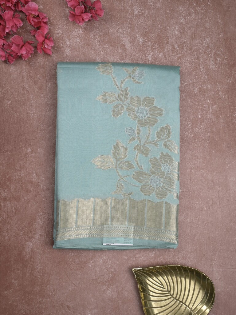 Raw mango fancy saree light blue color allover zari weaves & zari border with brocade pallu and brocade blouse