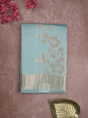 Raw mango fancy saree light blue color allover zari weaves & zari border with brocade pallu and brocade blouse