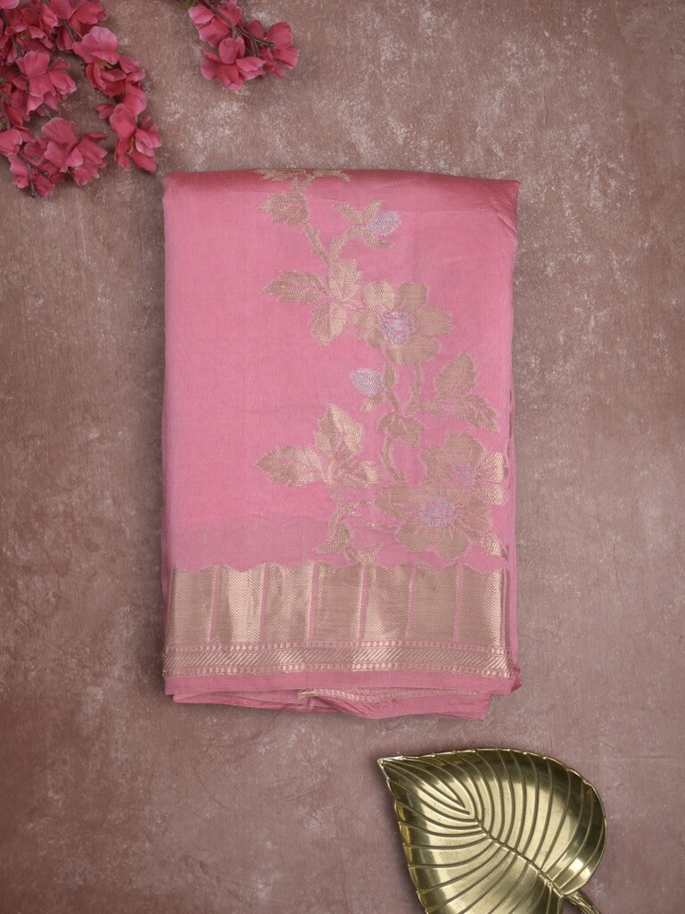 Raw mango fancy saree light pink color allover zari weaves & zari border with brocade pallu and brocade blouse