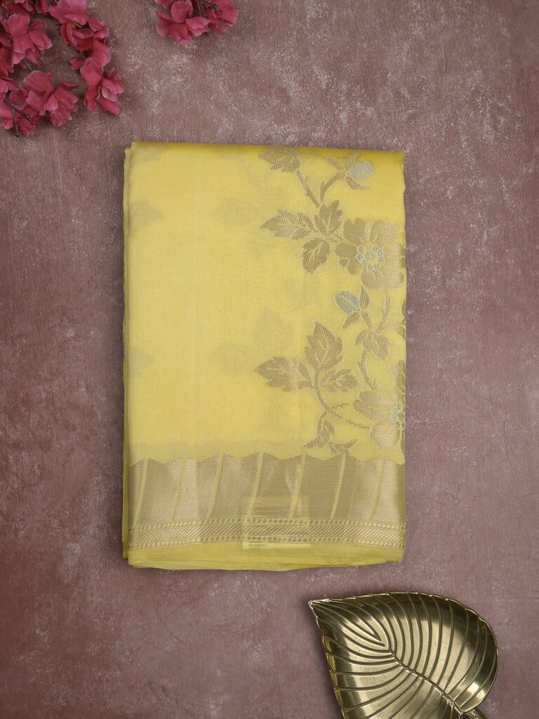 Raw mango fancy saree lemon yellow color allover zari weaves & zari border with brocade pallu and brocade blouse
