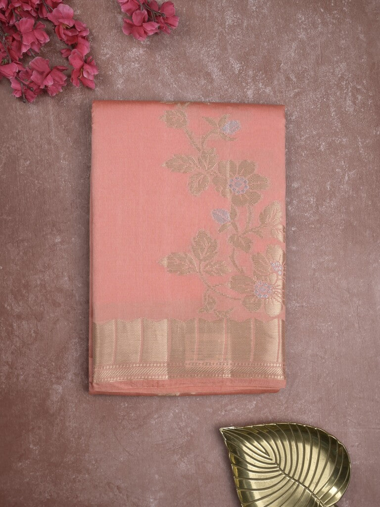 Raw mango fancy saree baby pink color allover zari weaves & zari border with brocade pallu and brocade blouse