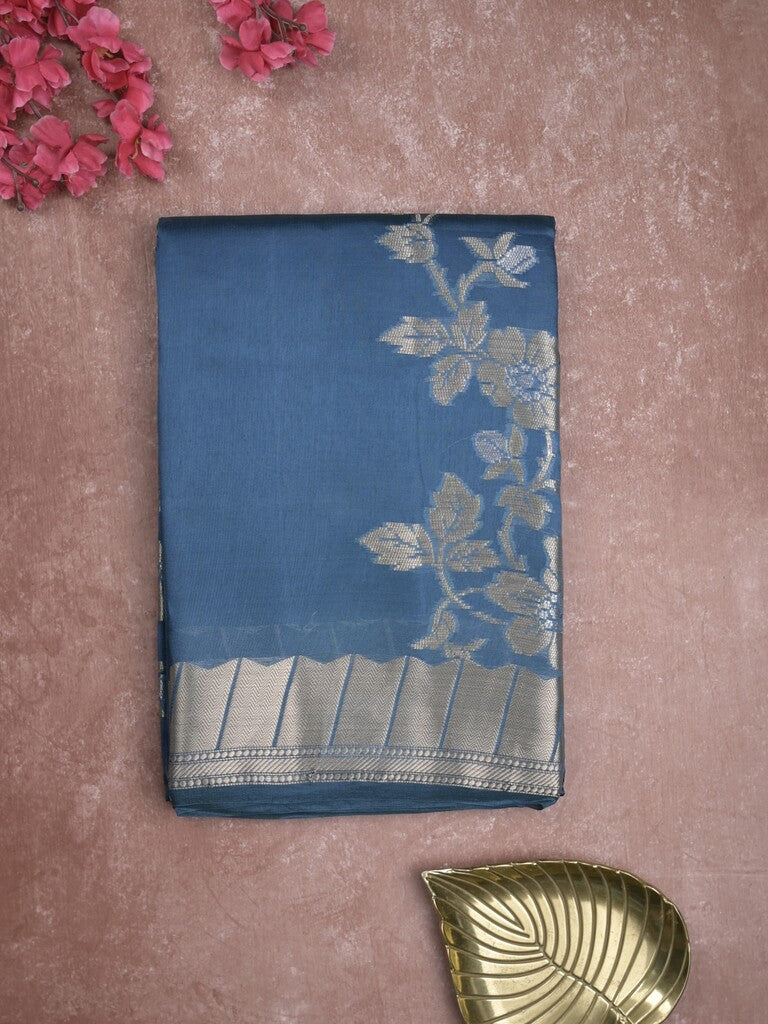 Raw mango fancy saree peacock blue color allover zari weaves & zari border with brocade pallu and brocade blouse