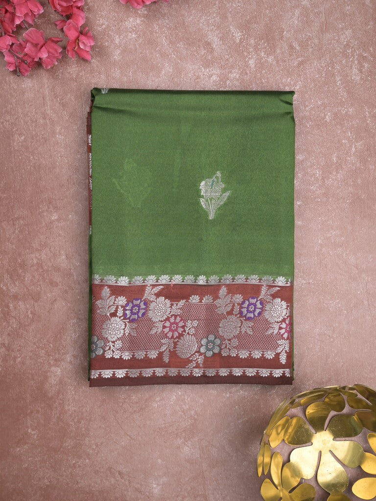 Raw mango fancy saree dark green color allover zari weaves & zari border with brocade pallu and plain blouse